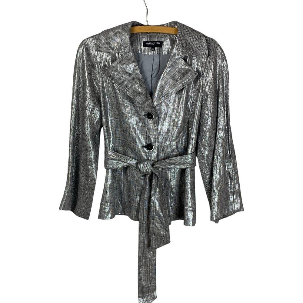 Workwear Jones New York Plaid Jacket Silver Sz 4 Belted Celestial Linen Metallic